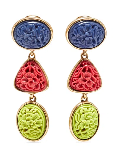 Pre-owned Oscar De La Renta Carved Resin Earrings In Gold