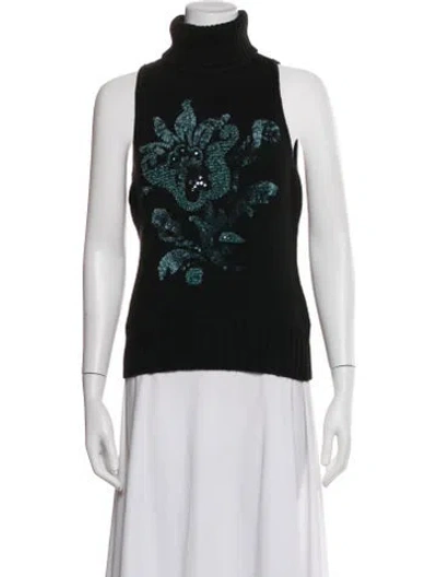Pre-owned Oscar De La Renta Cashmere Floral Print Sweater In Black