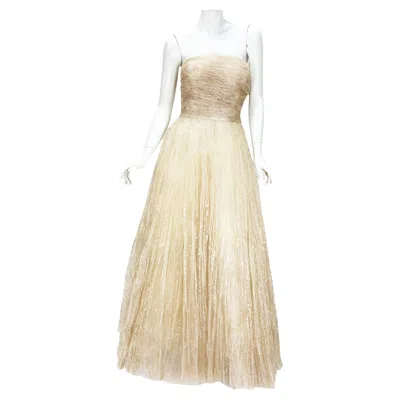 Pre-owned Oscar De La Renta Champagne Tulle Soft Gold Painted Dress Gown Us 8 Run Smaller