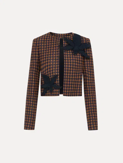OSCAR DE LA RENTA CHECK TWEED ORCHID EMBROIDERED JACKET