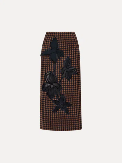 OSCAR DE LA RENTA CHECK TWEED ORCHID EMBROIDERED PENCIL SKIRT