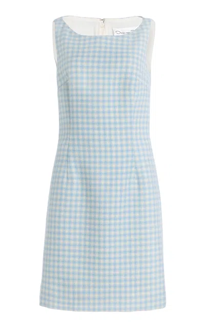 Oscar De La Renta Draped Checked Wool Tweed Mini Dress In Light Blue