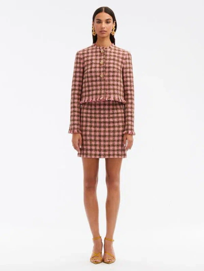 Oscar De La Renta Checkered Tweed Pencil Skirt In Pink