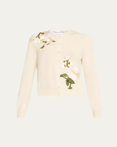 Oscar De La Renta Cherry Blossom Embroidered Crewneck Cardigan In Neutral