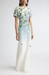 Oscar De La Renta Floral-embellished Gown In Blue