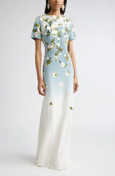 Oscar De La Renta Cherry Blossom Embroidered Dégradé Georgette Gown