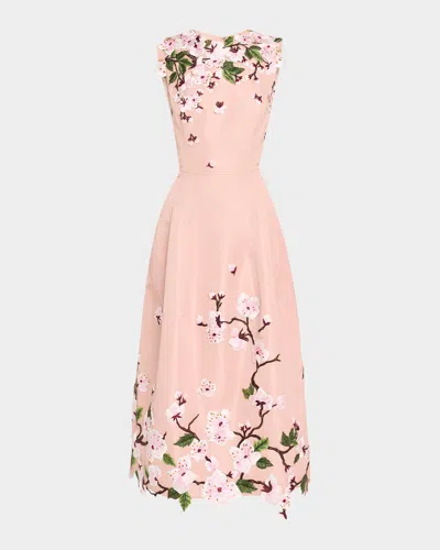 Oscar De La Renta Cherry Blossom Embroidered Faille Sleeveless Cocktail Dress In Pink