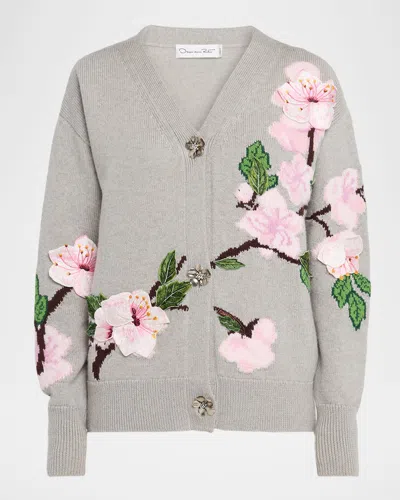 Oscar De La Renta Cherry Blossom Jacquard V-neck Cardigan In Gray