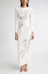 Oscar De La Renta Cherry Blossom Long Sleeve Sequin Jersey Column Gown
