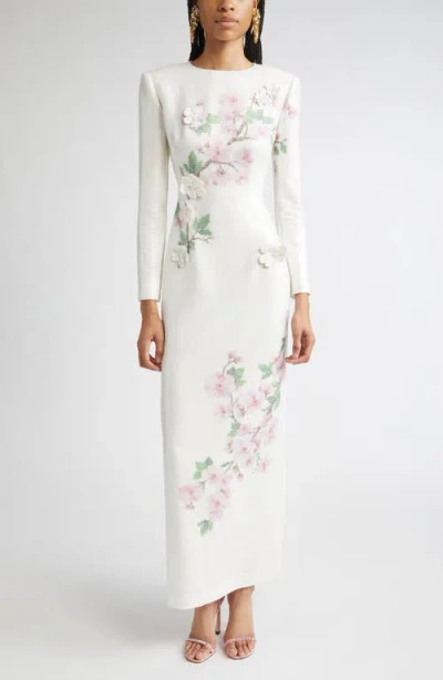 Oscar De La Renta Cherry Blossom Long Sleeve Sequin Jersey Column Gown