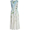 Oscar De La Renta Sleeveless Cherry Blossom Pleated Cady Midi Dress