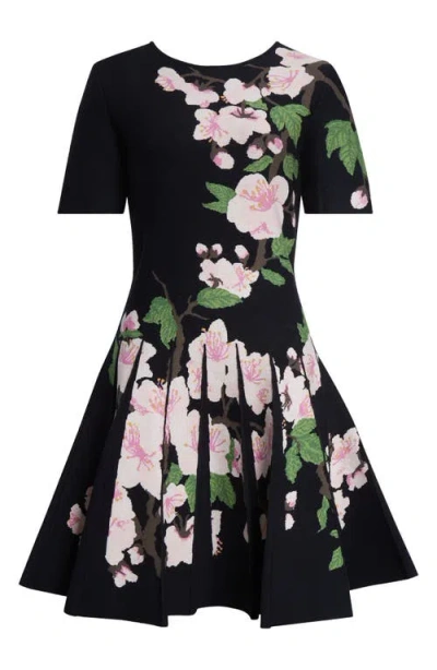 Oscar De La Renta Cherry Blossom Jacquard Knit Pleated Mini Dress In Navy/pink