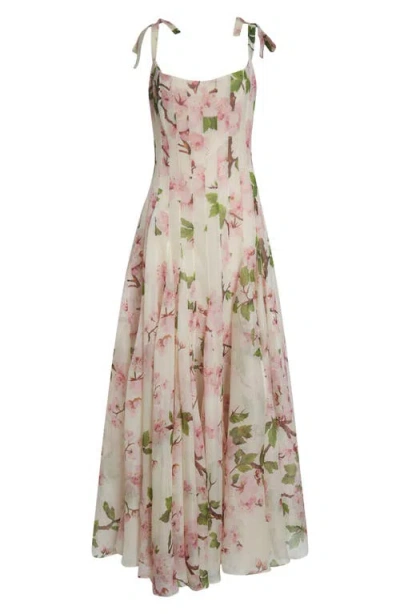 Oscar De La Renta Cherry Blossom Print Pleated Organza