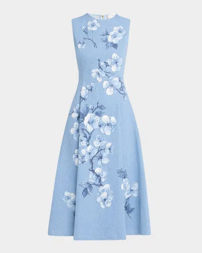 Oscar De La Renta Cherry Blossom Printed Denim Sleeveless Midi Dress