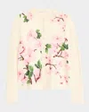 Oscar De La Renta Cherry Blossom Silk Insert Crewneck Cardigan