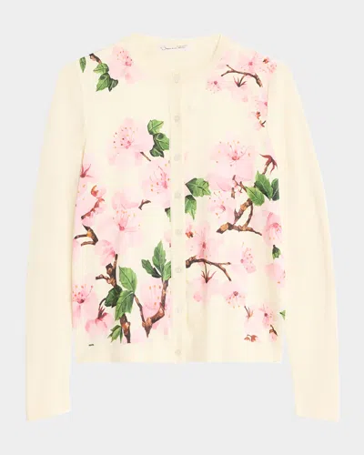 Oscar De La Renta Cherry Blossom Silk Insert Crewneck Cardigan