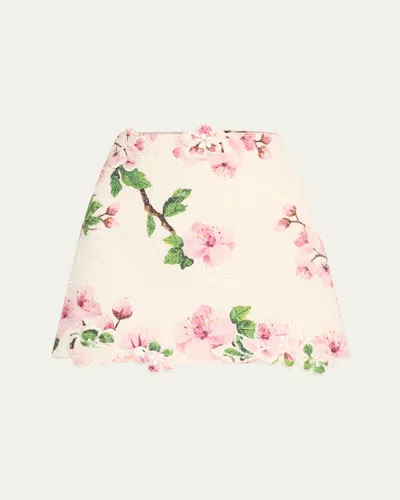 Oscar De La Renta Cherry Blossom Tweed Embroidered Mini Skirt In Pink