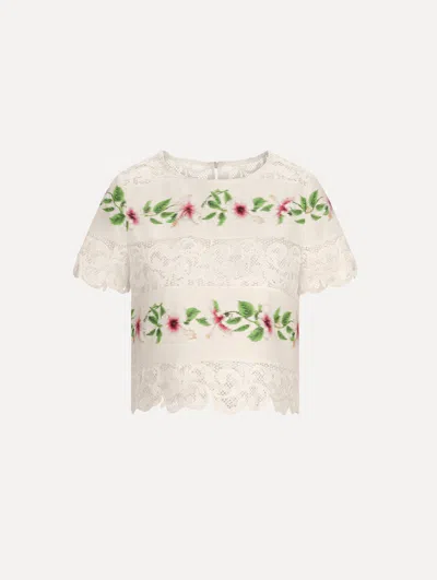 Oscar De La Renta Floral-print Lace-trimmed Cotton-blend Poplin Blouse In White