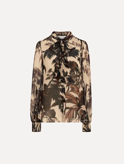 Oscar De La Renta Chin Palm Leaves Chiffon Blouse In Neutral