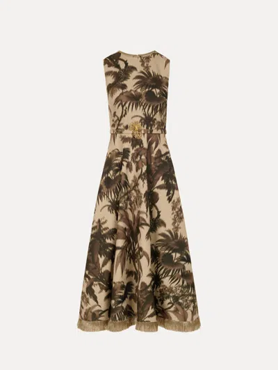 Oscar De La Renta Sleeveless Chine Palm-print Belted Midi Dress In Multi