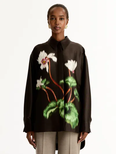 Oscar De La Renta Chine Cyclamen Silk Mikado Blouse In Brown