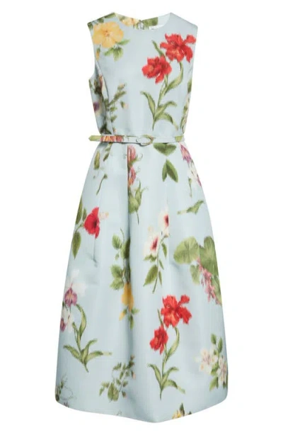 Oscar De La Renta Chine Multi Floral-print Belted Midi Dress In Green
