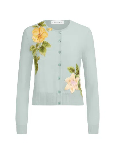 Oscar De La Renta Chin Dominican Mixed-floral Threadwork Cardigan In Blue