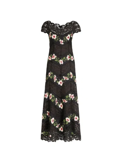 Oscar De La Renta Chin Hibiscus Striped Faille Midi Dress In Black