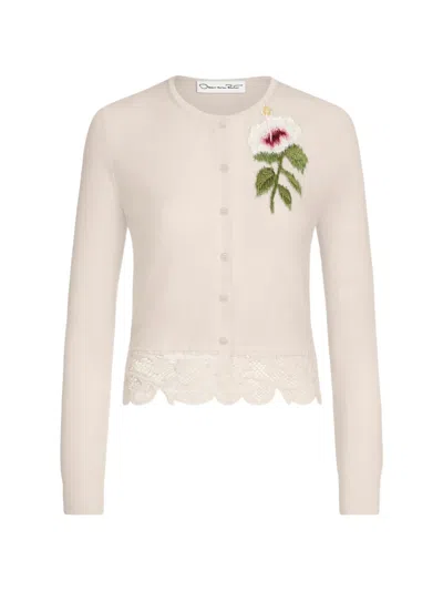 Oscar De La Renta Chin Hibiscus Threadwork Cropped Cardigan In Neutral