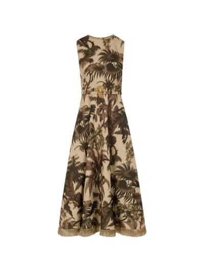 Oscar De La Renta Sleeveless Chine Palm-print Belted Midi Dress In Multi