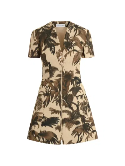 Oscar De La Renta Chin Palm Leaves Tweed Dress In Brown