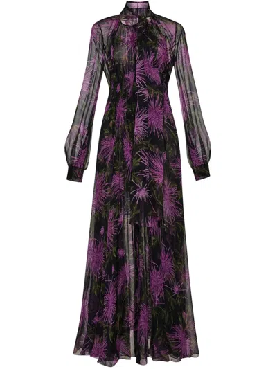 Oscar De La Renta Pussy-bow Pleated Floral-print Silk-chiffon Maxi Dress In Purple