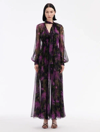 Oscar De La Renta Chrysanthemum Chiffon Maxi Dress In Purple/navy