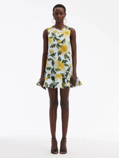 Oscar De La Renta Chrysanthemum Cotton Cloque Dress In Yellow/lt Blue