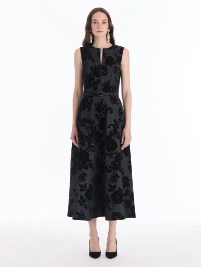 Oscar De La Renta Chrysanthemum Flocked Denim Dress In Black