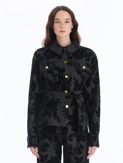 Oscar De La Renta Chrysanthemum Flocked Denim Jacket In Black