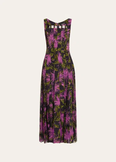 Oscar De La Renta Chrysanthemum Print Pleated Maxi Dress In Purple/navy