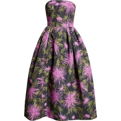 Oscar De La Renta Strapless Floral-print Faille Gown In Purple