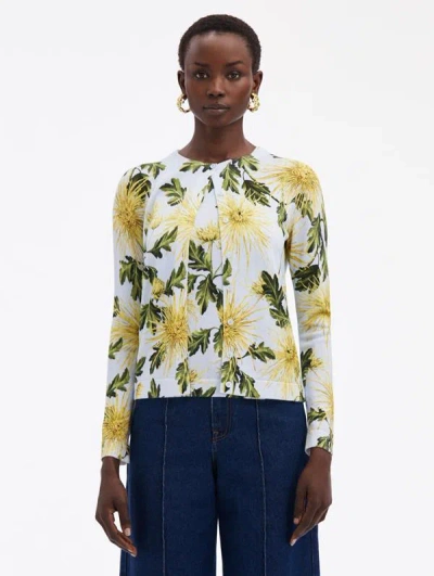 Oscar De La Renta Chrysanthemum Printed Cardigan In Yellow/lt Blue