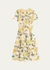 Oscar De La Renta Sleeveless Printed Garden Rose Guipure A-line Dress In Yellowivory