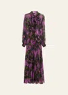 OSCAR DE LA RENTA CHRYSANTHEMUM PRINTED SCARF-NECK PLEATED CHIFFON MAXI DRESS