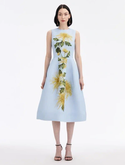 Oscar De La Renta Chrysanthemum Stripe Cocktail Dress In Yellow/lt Blue