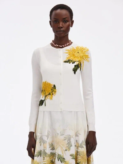Oscar De La Renta Chrysanthemum Threadwork Cardigan In Ivory