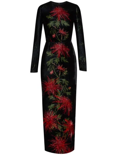 Oscar De La Renta Chrysanthemum Velvet Gown In Red/black