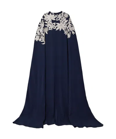 Oscar De La Renta Cloak Effect Decorated Dress In Blue