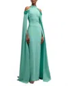 Oscar De La Renta Cold Shoulder Bugle Beaded Embroidered Caftan Gown In Sage
