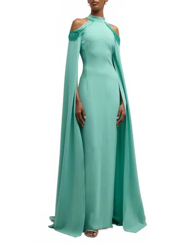 Oscar De La Renta Cold Shoulder Bugle Beaded Embroidered Caftan Gown In Sage