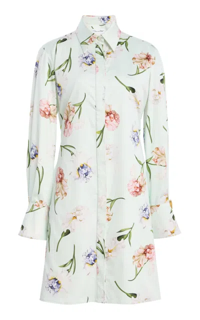 Oscar De La Renta Collared Painted Iris Poplin Mini Dress In Pink