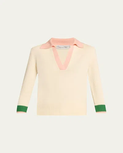 Oscar De La Renta Colorblock Polo Wool Pullover In Ivorypinkgreen