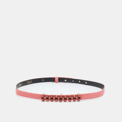 Oscar De La Renta Coral Orange Satin Crystal Embellished Slim Belt In Pink